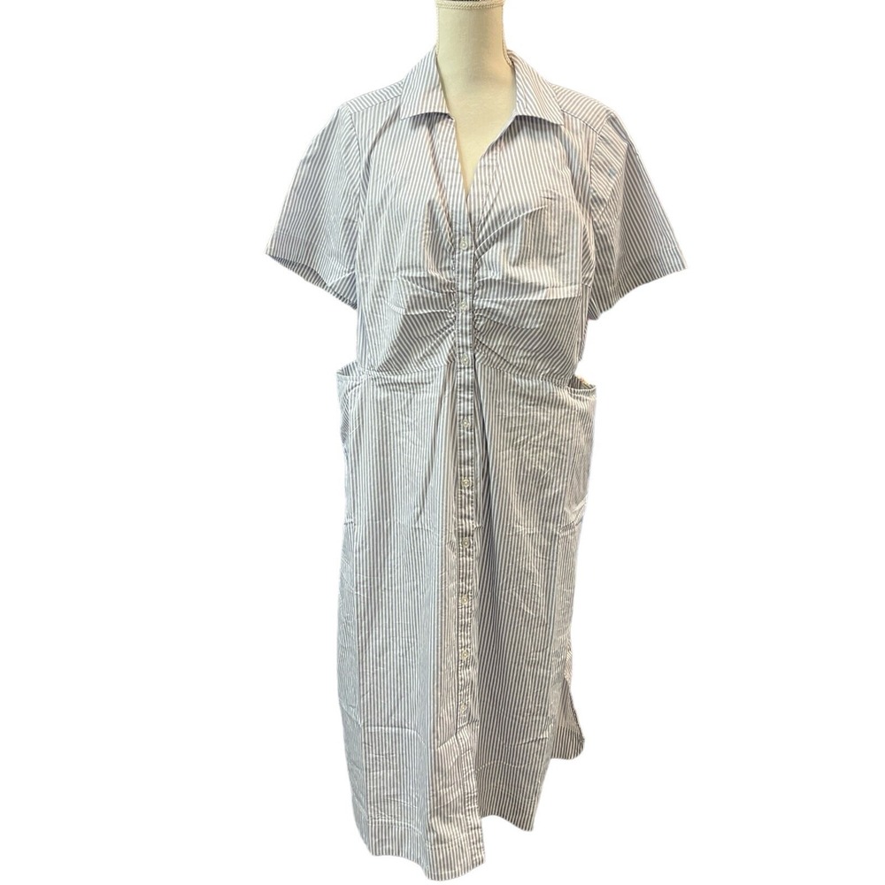 Old Navy Shirt Dress Blue Striped Midi Rushed Side Cutout Size 2X Nautical